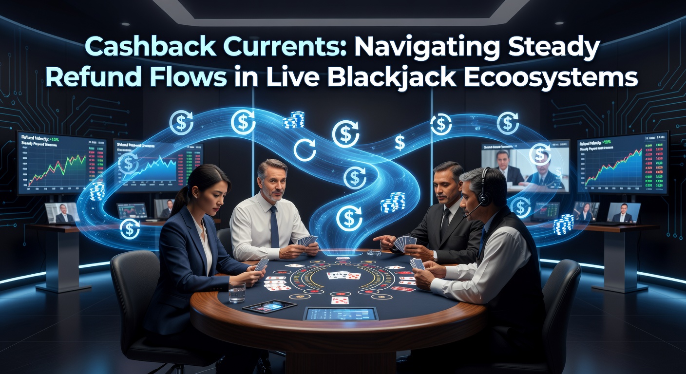 Grafik zeigt fließende Cashback-Ströme in einem Live-Blackjack-Tisch mit Dealer und Karten, symbolisiert stabile Rückerstattungen