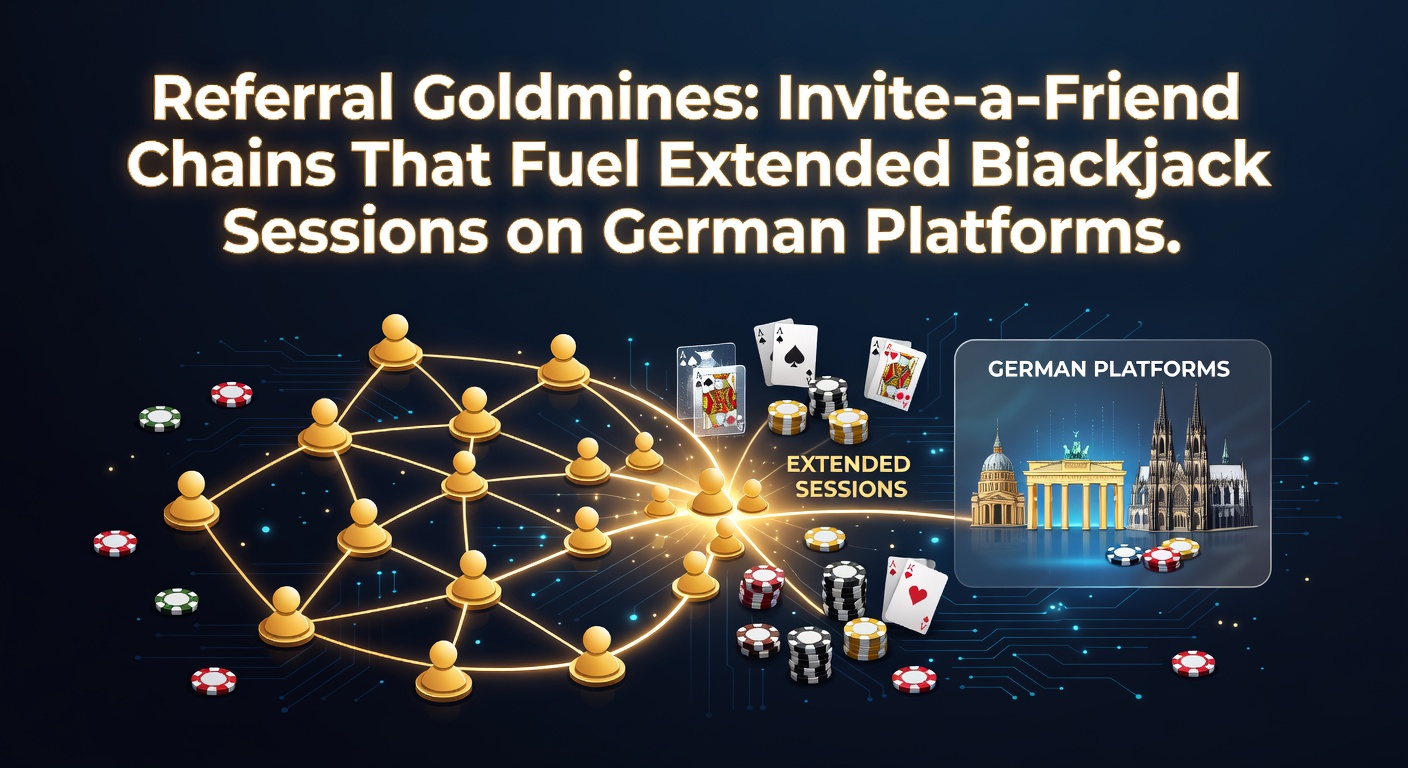 Grafik einer sich ausbreitenden Invite-a-Friend-Kette mit Blackjack-Tischen und Münzen, die auf deutsche Casino-Plattformen hinweisen