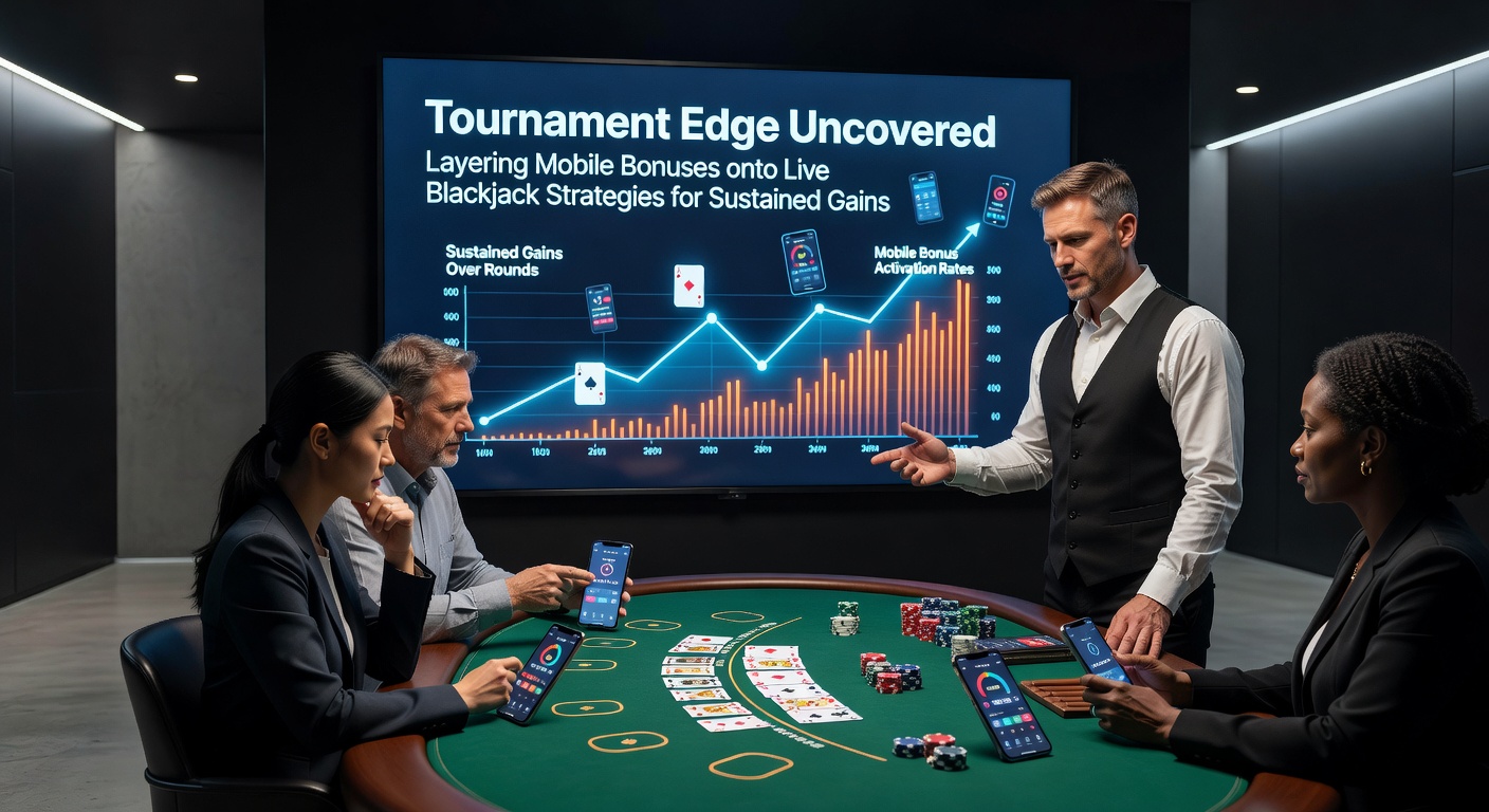 Spieler am Smartphone mit Live-Blackjack-Turnier auf dem Bildschirm, umgeben von Bonus-Symbolen und Strategie-Notizen