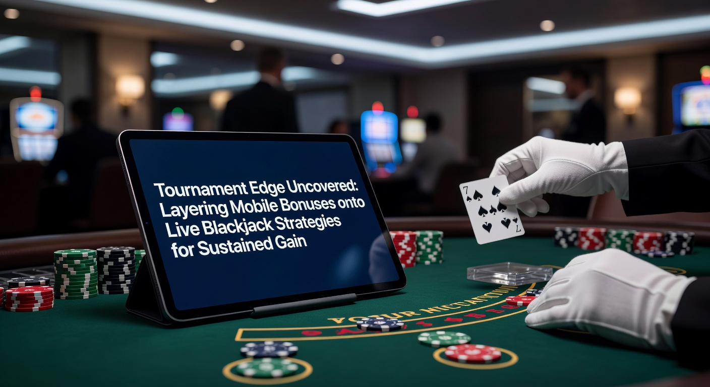 Detaillierte Grafik eines Live-Blackjack-Turniers mit Bonus-Overlays, Strategie-Charts und mobilen App-Screenshots