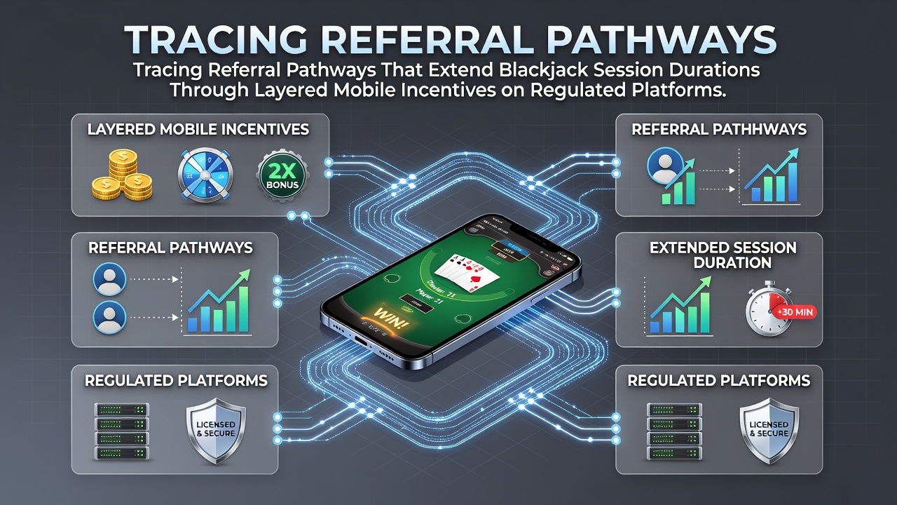 Illustration von Referral-Pfaden und mobilen Anreizen in Blackjack-Apps auf regulierten Plattformen
